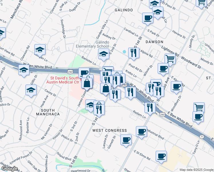 map of restaurants, bars, coffee shops, grocery stores, and more near 608 Radam Lane in Austin