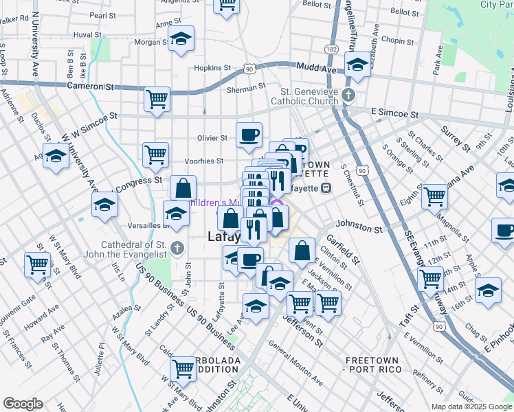 map of restaurants, bars, coffee shops, grocery stores, and more near 500 Jefferson Street in Lafayette