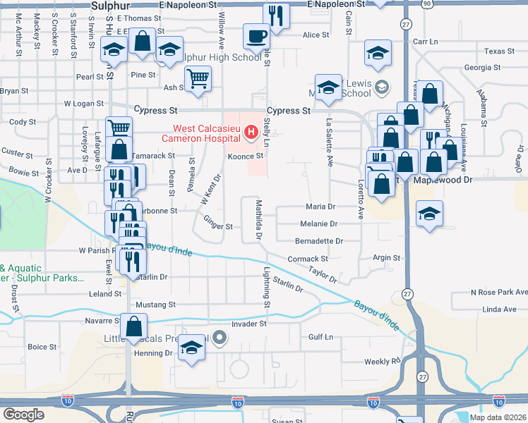 map of restaurants, bars, coffee shops, grocery stores, and more near 902 Maria Dr in Sulphur