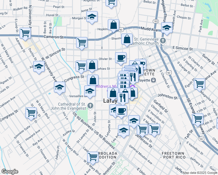 map of restaurants, bars, coffee shops, grocery stores, and more near Lafayette Street in Lafayette