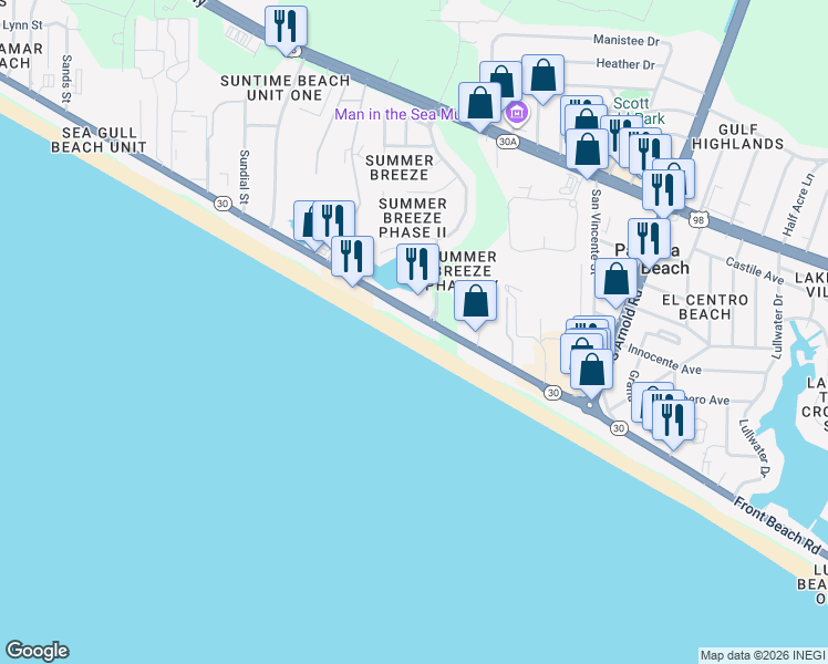 map of restaurants, bars, coffee shops, grocery stores, and more near 17351 Front Beach Road in Panama City Beach