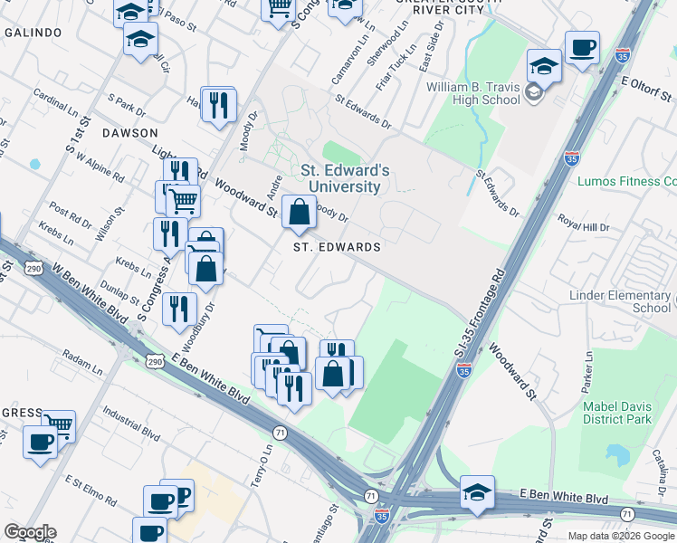 map of restaurants, bars, coffee shops, grocery stores, and more near 3405 Willowrun Cove in Austin
