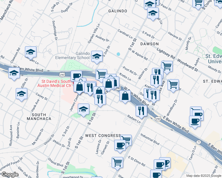 map of restaurants, bars, coffee shops, grocery stores, and more near 601 West Ben White Boulevard in Austin