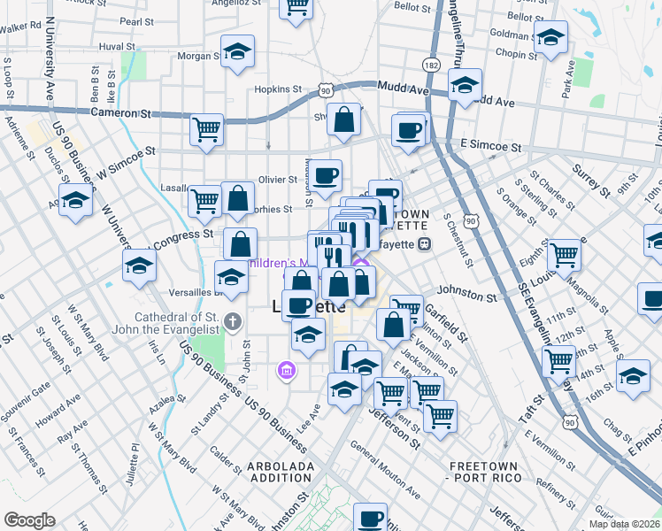 map of restaurants, bars, coffee shops, grocery stores, and more near 200 West Congress Street in Lafayette