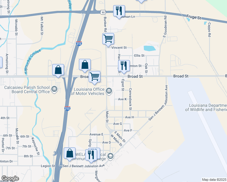 map of restaurants, bars, coffee shops, grocery stores, and more near Avenue L in Lake Charles