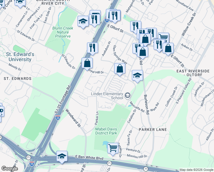 map of restaurants, bars, coffee shops, grocery stores, and more near 1900 Dinsdale Lane in Austin