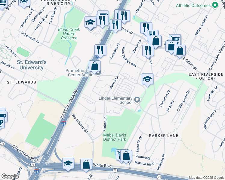 map of restaurants, bars, coffee shops, grocery stores, and more near 1726 Timber Ridge Drive in Austin