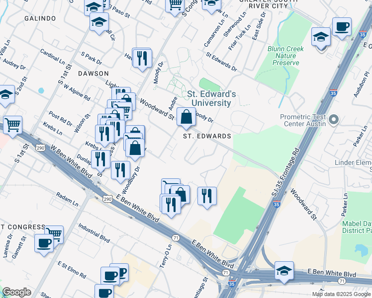 map of restaurants, bars, coffee shops, grocery stores, and more near 425 Woodward Street in Austin