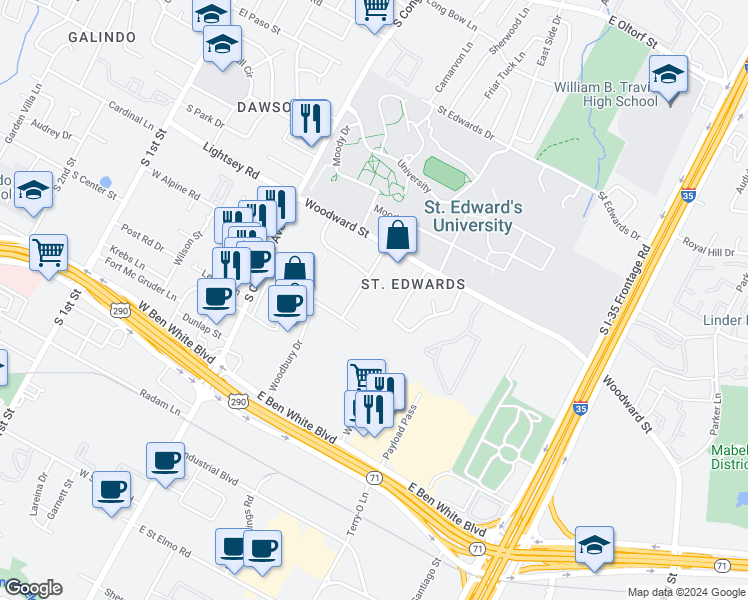 map of restaurants, bars, coffee shops, grocery stores, and more near 425 Woodward Street in Austin