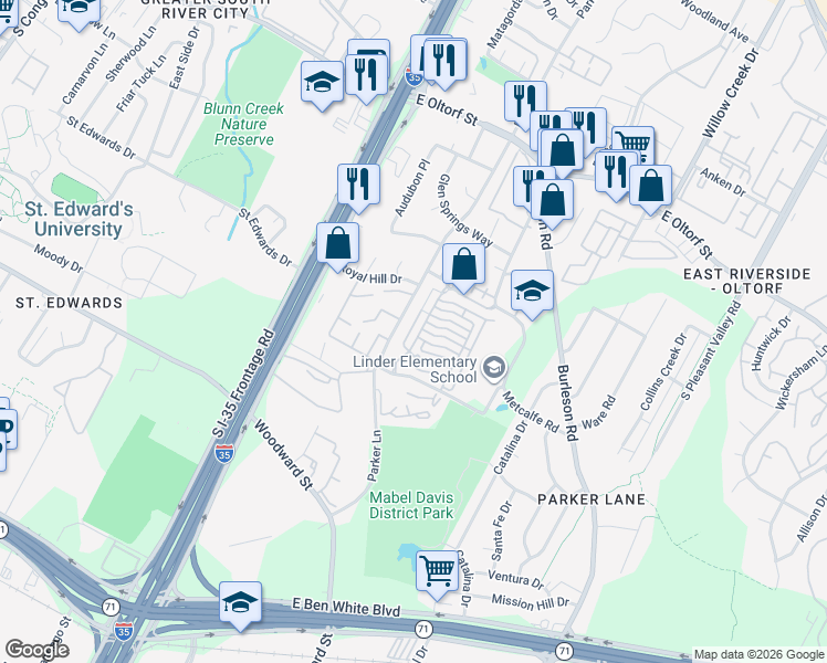 map of restaurants, bars, coffee shops, grocery stores, and more near 1900 Dinsdale Lane in Austin