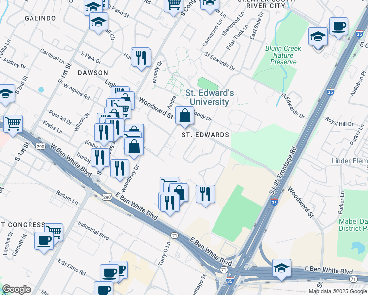 map of restaurants, bars, coffee shops, grocery stores, and more near 3424 Willowrun Drive in Austin