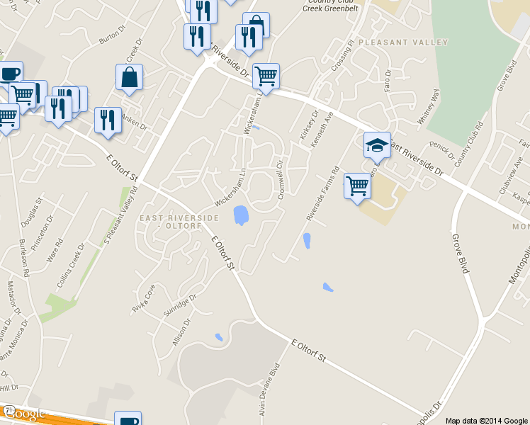 map of restaurants, bars, coffee shops, grocery stores, and more near 2430 Cromwell Circle in Austin