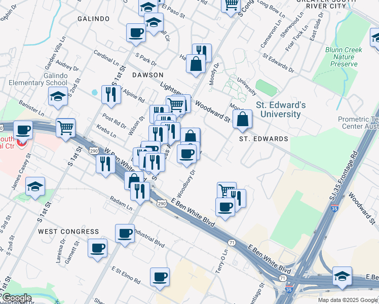 map of restaurants, bars, coffee shops, grocery stores, and more near in Austin