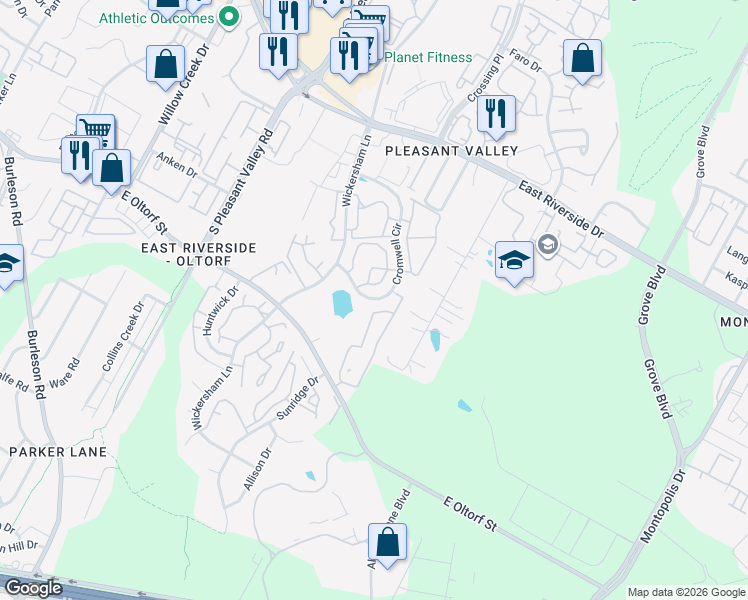 map of restaurants, bars, coffee shops, grocery stores, and more near 2430 Cromwell Circle in Austin