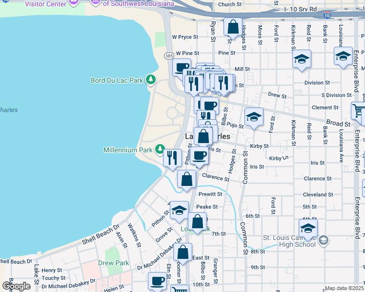 map of restaurants, bars, coffee shops, grocery stores, and more near 1019 Lakeshore Drive in Lake Charles
