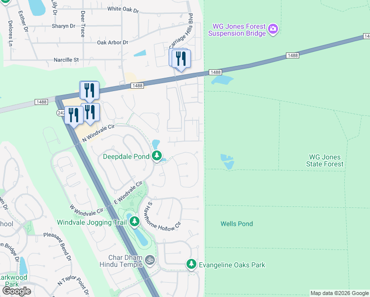 map of restaurants, bars, coffee shops, grocery stores, and more near 150 North Whistlers Bend Circle in Conroe