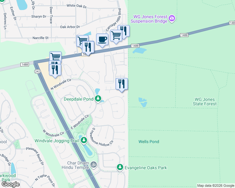 map of restaurants, bars, coffee shops, grocery stores, and more near 150 North Whistlers Bend Circle in Conroe