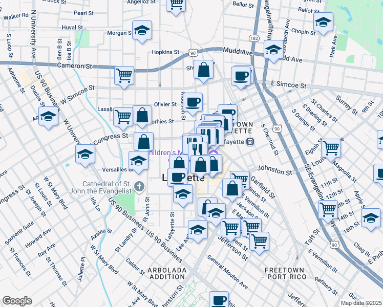map of restaurants, bars, coffee shops, grocery stores, and more near 514 South Buchanan Street in Lafayette