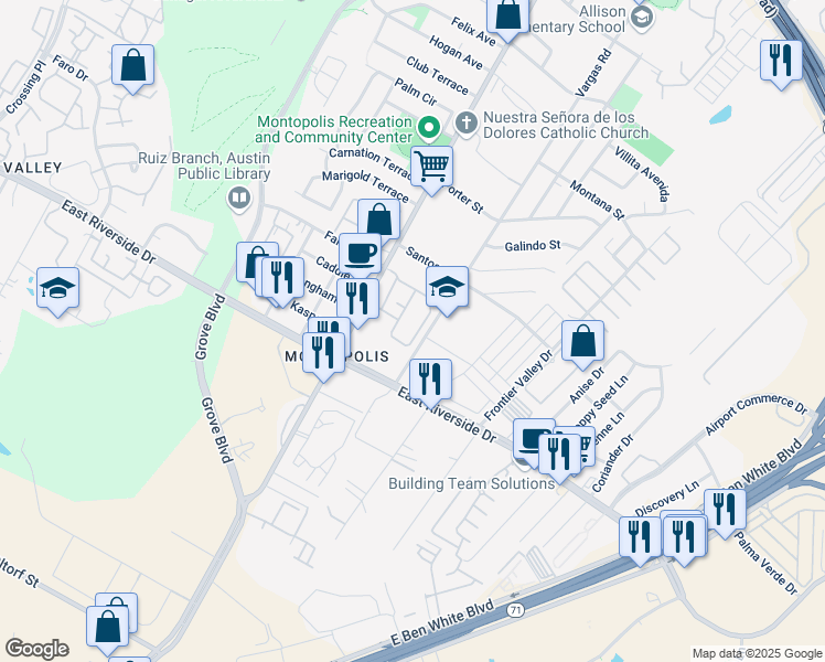map of restaurants, bars, coffee shops, grocery stores, and more near 1601 Montopolis Drive in Austin