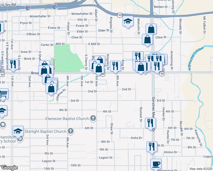 map of restaurants, bars, coffee shops, grocery stores, and more near 800 7th Avenue in Lake Charles