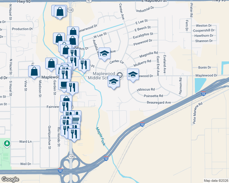 map of restaurants, bars, coffee shops, grocery stores, and more near 4401 Maplewood Drive in Sulphur