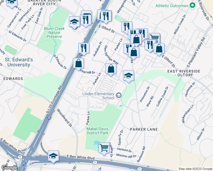 map of restaurants, bars, coffee shops, grocery stores, and more near 1900 Dinsdale Lane in Austin