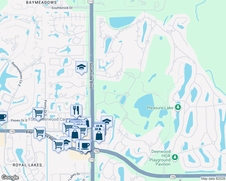 map of restaurants, bars, coffee shops, grocery stores, and more near 10119 Leisure Lane North in Jacksonville