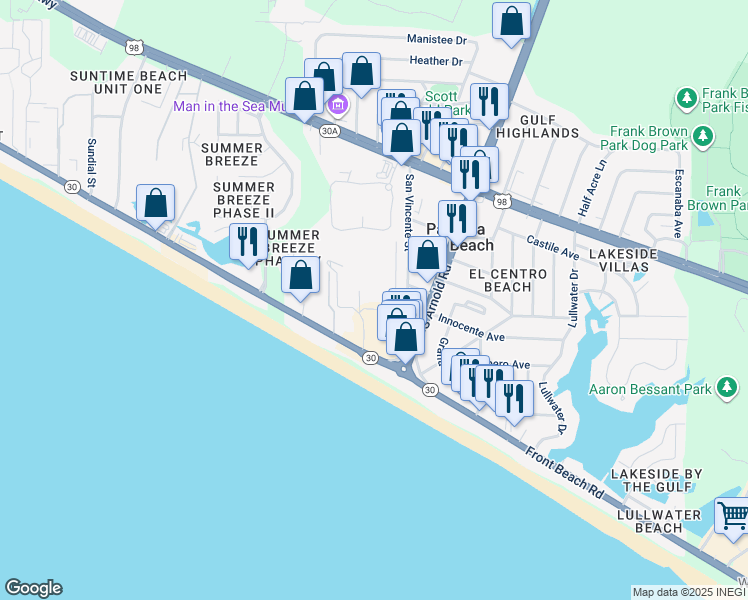 map of restaurants, bars, coffee shops, grocery stores, and more near 102 Cabana Cay Circle in Panama City Beach
