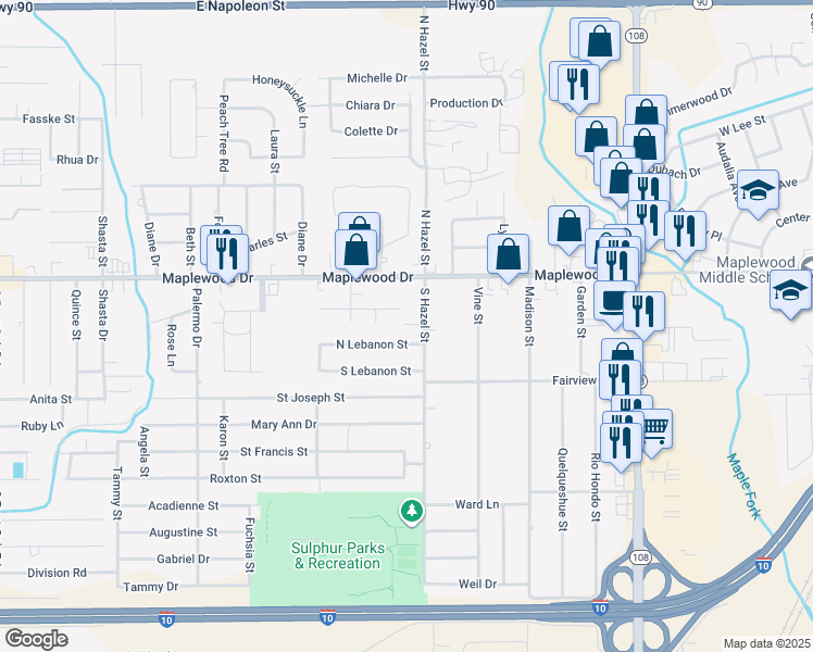 map of restaurants, bars, coffee shops, grocery stores, and more near 504 Shady Lane in Sulphur