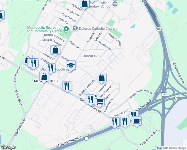 map of restaurants, bars, coffee shops, grocery stores, and more near 1500 Arcilla Street in Austin