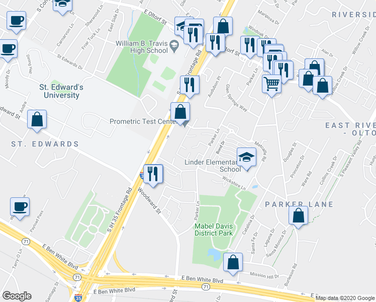 map of restaurants, bars, coffee shops, grocery stores, and more near 1710 Timber Brush Trail in Austin