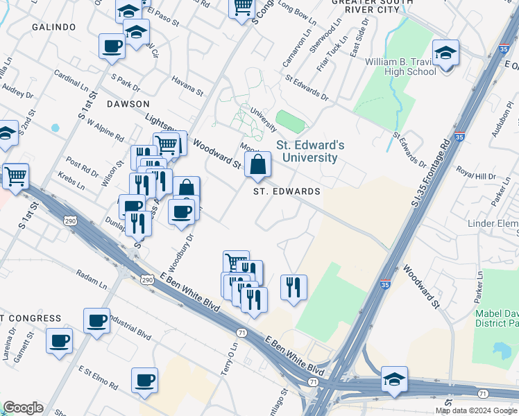 map of restaurants, bars, coffee shops, grocery stores, and more near 425 Woodward Street in Austin