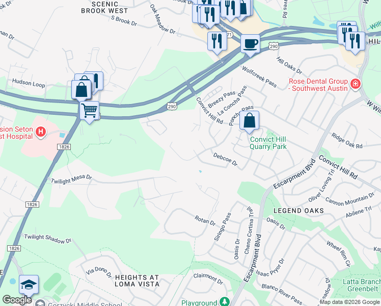 map of restaurants, bars, coffee shops, grocery stores, and more near 6907 Telluride Trail in Austin