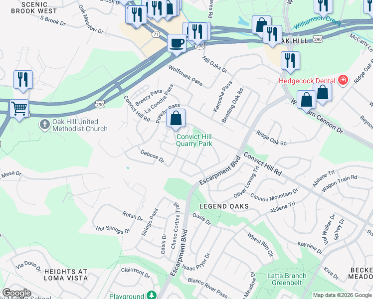 map of restaurants, bars, coffee shops, grocery stores, and more near 7504 Orrick Drive in Austin