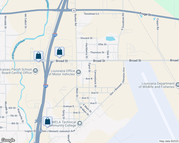 map of restaurants, bars, coffee shops, grocery stores, and more near Avenue L in Lake Charles