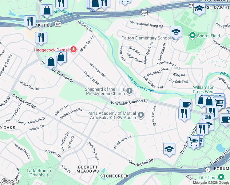 map of restaurants, bars, coffee shops, grocery stores, and more near 6708 Beckett Road in Austin