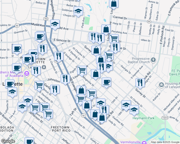 map of restaurants, bars, coffee shops, grocery stores, and more near 610 10th Street in Lafayette