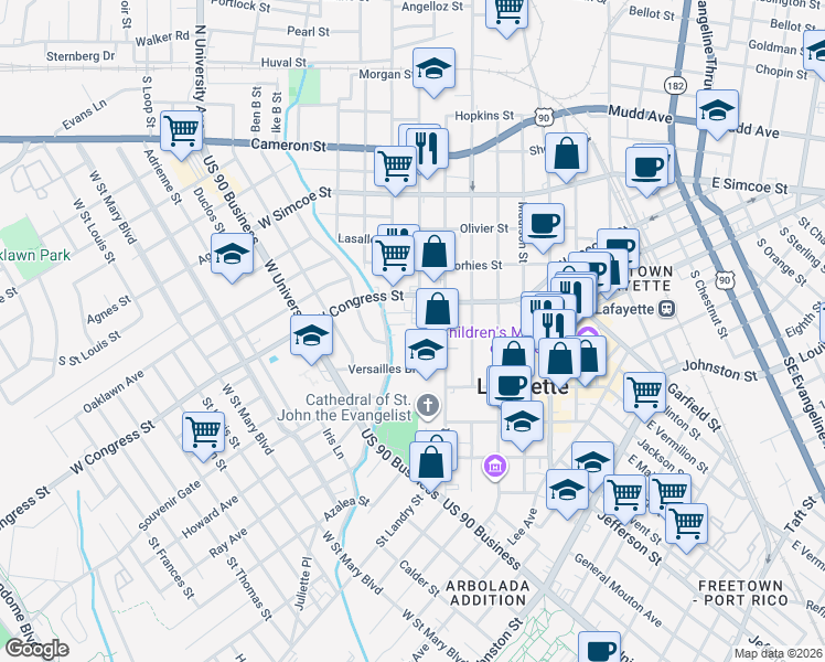 map of restaurants, bars, coffee shops, grocery stores, and more near 700 Saint John Street in Lafayette