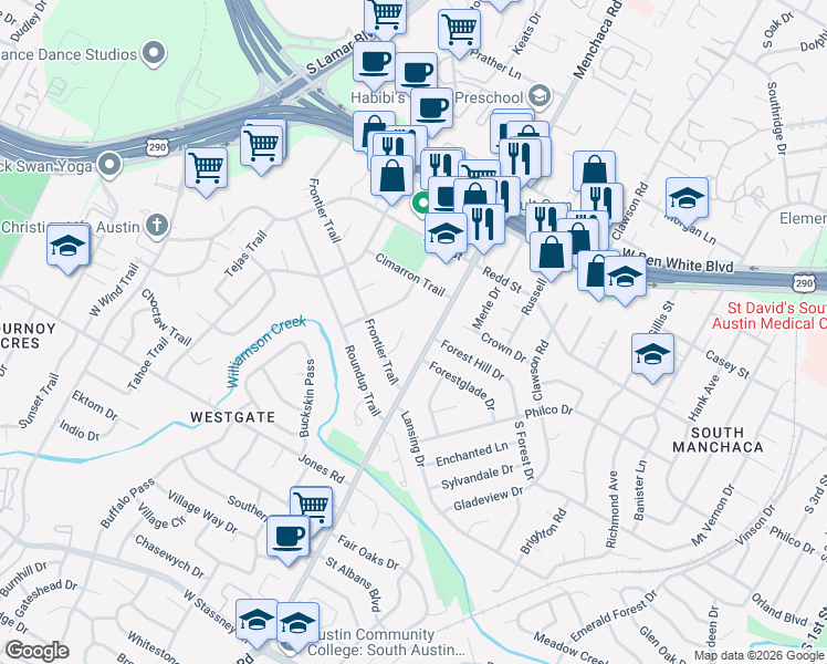 map of restaurants, bars, coffee shops, grocery stores, and more near 4614 Menchaca Road in Austin