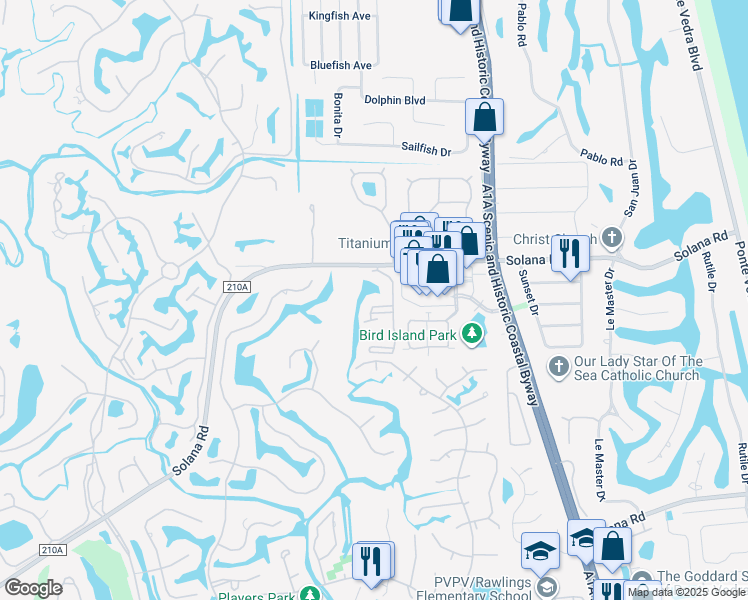 map of restaurants, bars, coffee shops, grocery stores, and more near 100 Ironwood Drive in Ponte Vedra Beach