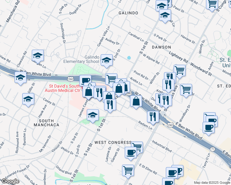 map of restaurants, bars, coffee shops, grocery stores, and more near 601 West Ben White Boulevard in Austin
