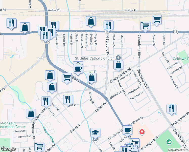 map of restaurants, bars, coffee shops, grocery stores, and more near 105 North Long Street in Lafayette