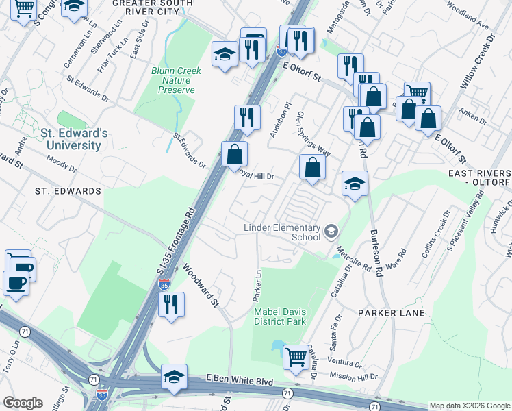 map of restaurants, bars, coffee shops, grocery stores, and more near 1710 Timber Brush Trail in Austin