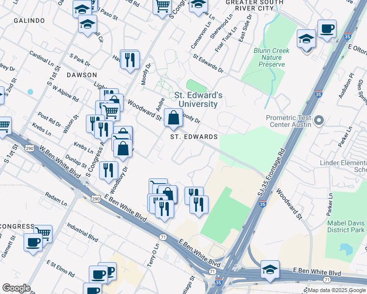 map of restaurants, bars, coffee shops, grocery stores, and more near in Austin