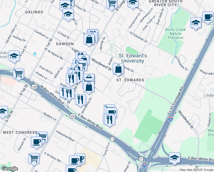 map of restaurants, bars, coffee shops, grocery stores, and more near 3601 South Congress Avenue in Austin