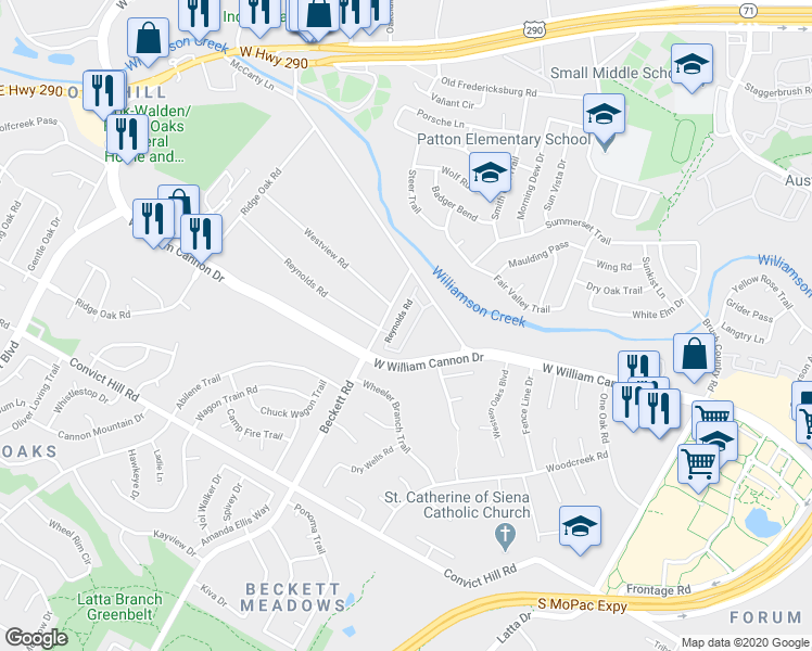 map of restaurants, bars, coffee shops, grocery stores, and more near 6708 Beckett Road in Austin