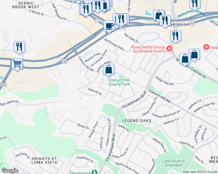 map of restaurants, bars, coffee shops, grocery stores, and more near 7504 Orrick Drive in Austin