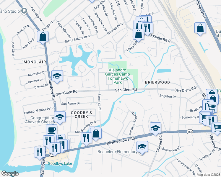 map of restaurants, bars, coffee shops, grocery stores, and more near 8442 San Martarro Drive East in Jacksonville