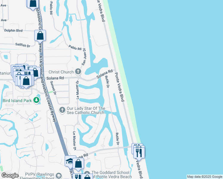 map of restaurants, bars, coffee shops, grocery stores, and more near 512 Ponte Vedra Boulevard in Ponte Vedra Beach