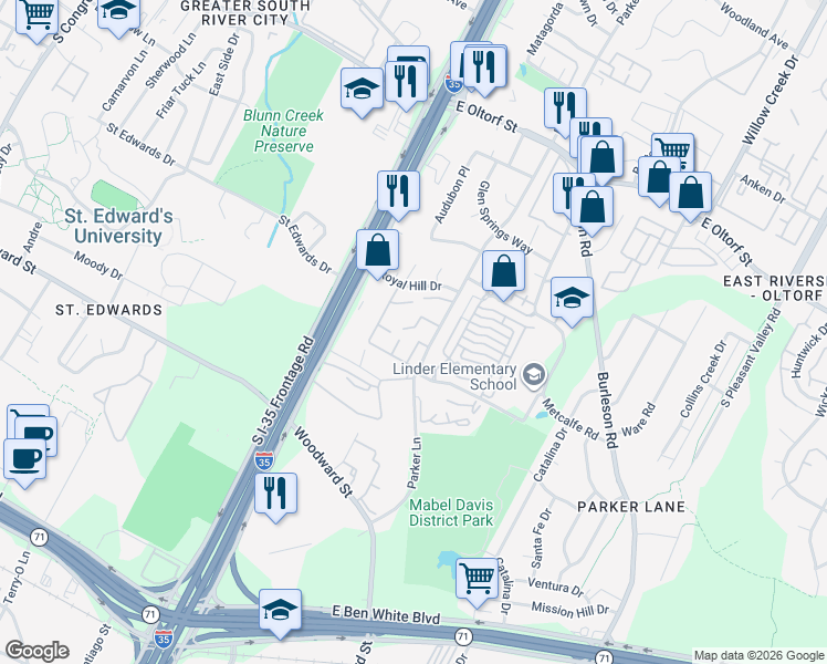 map of restaurants, bars, coffee shops, grocery stores, and more near 1710 Timber Brush Trail in Austin